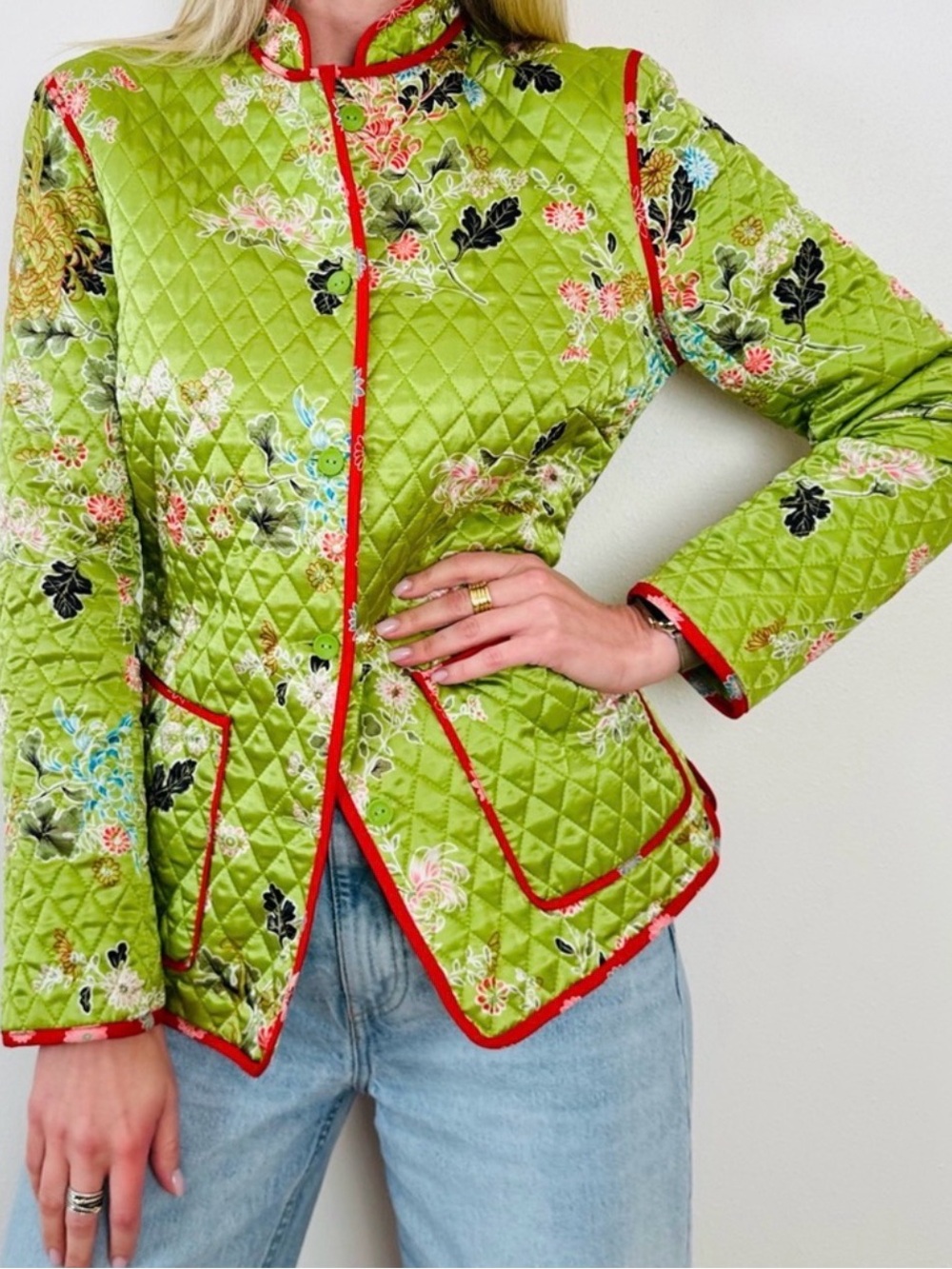 Vintage Anne Carson quilted 100% silk floral boho jacket green xl vintage